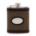 Engraved Hip Flask Captive Lid 6oz Polished Disc inset on tweed